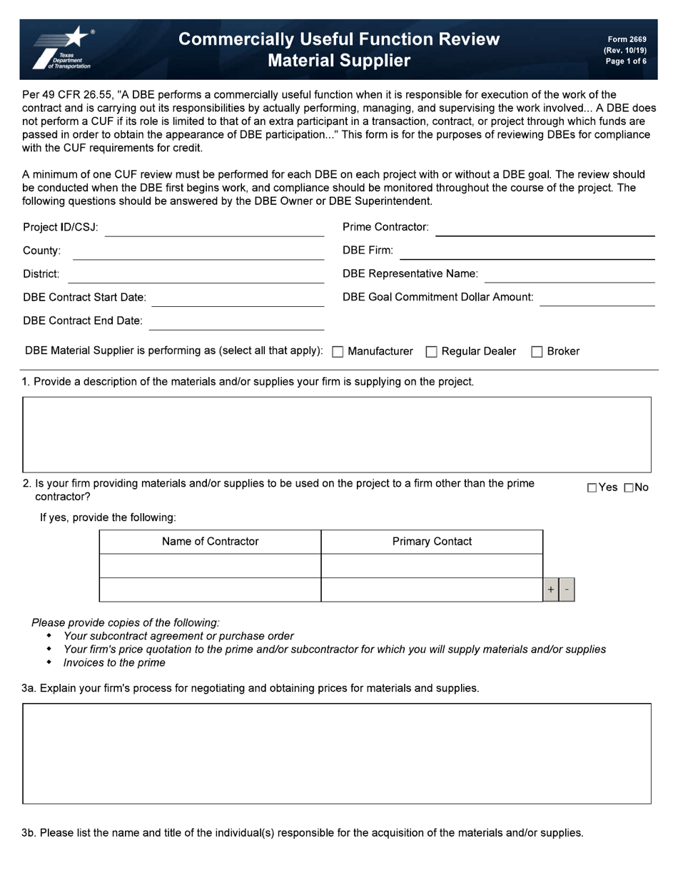 Form 2669 Commercially Useful Function Review - Material Supplier - Texas, Page 1
