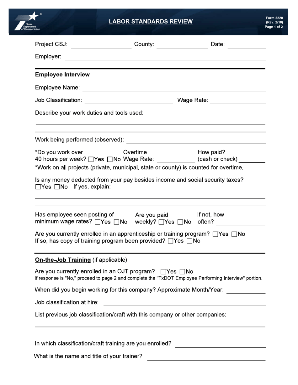 Form 2220 Labor Standards Review - Texas, Page 1