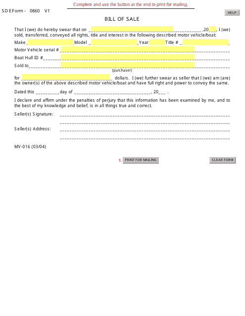 Form MV-016 (SD Form 0860 V1)  Printable Pdf