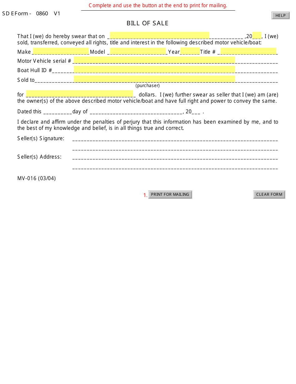 Form MV-016 (SD Form 0860 V1) Bill of Sale for Motor Vehicle / Boat - South Dakota, Page 1