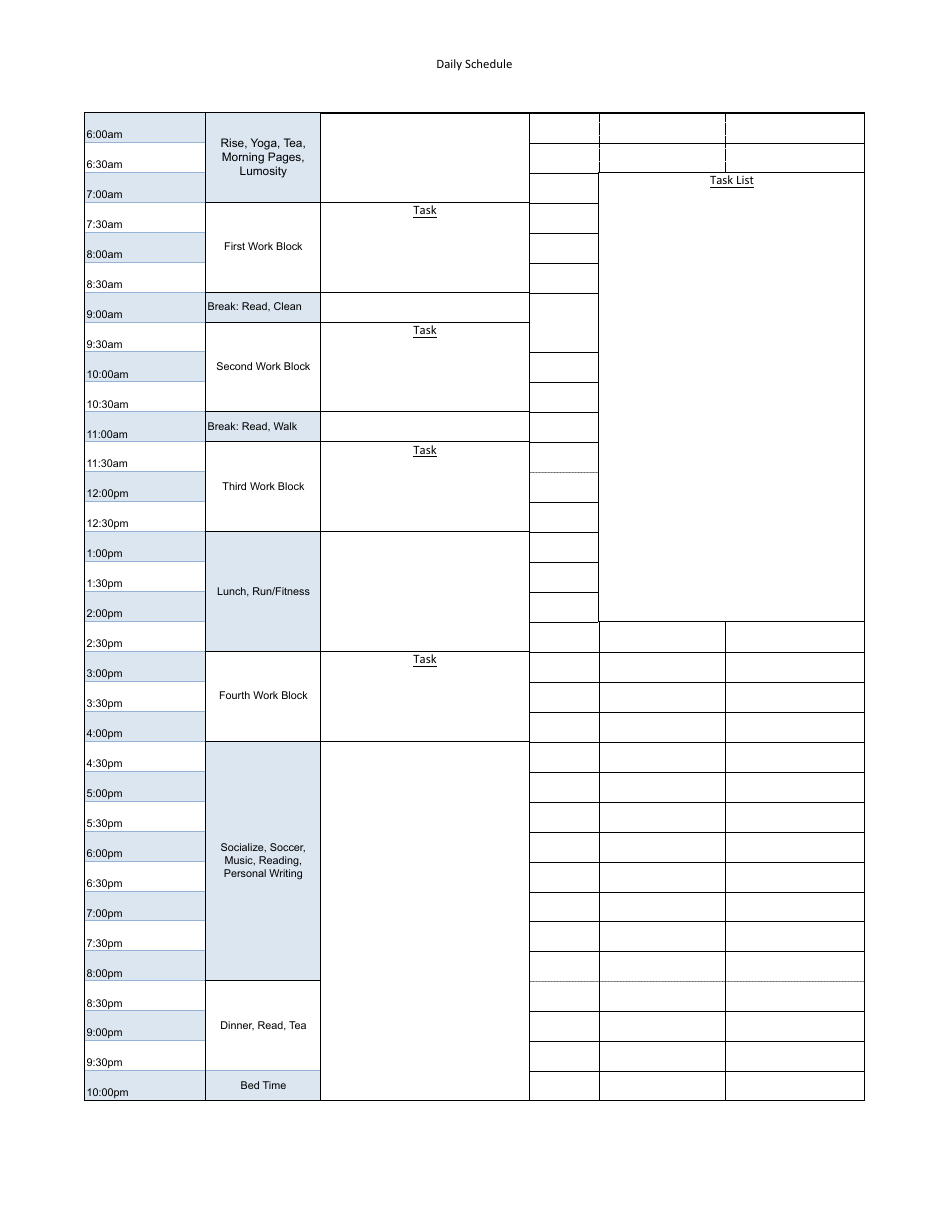 Daily Schedule Template - Big Table
