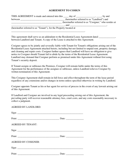 &quot;Cosign Agreement Template&quot; Download Pdf