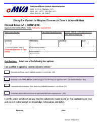 Document preview: Driving Certification Form for Maryland Commercial Driver's License Holders - Maryland