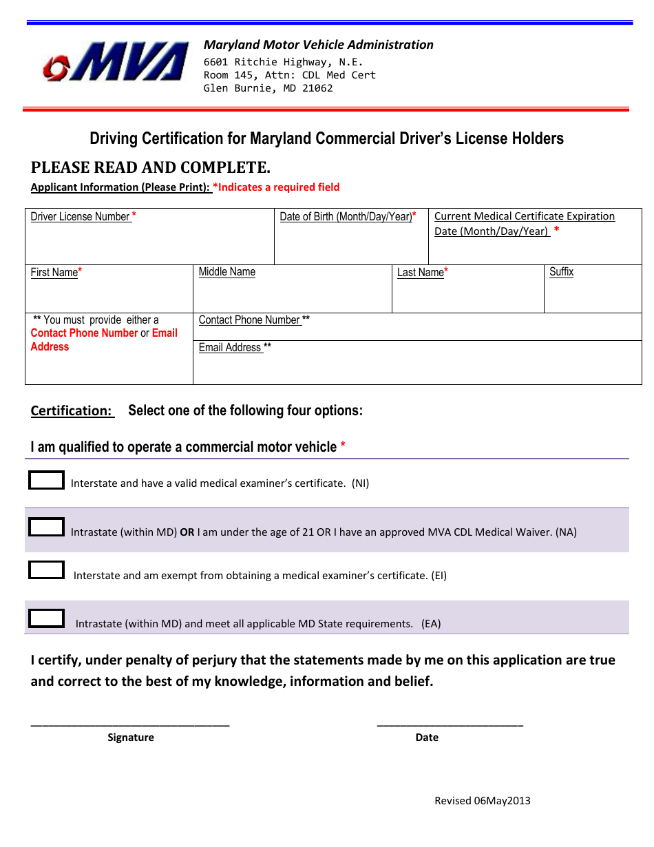 Driving Certification Form for Maryland Commercial Drivers License Holders - Maryland, Page 1