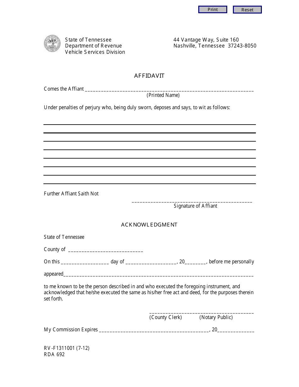 Form 1311001 Affidavit - Tennessee, Page 1