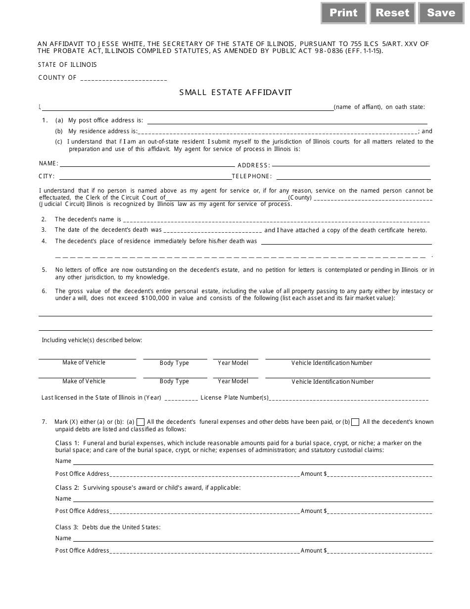 Form RT OPR31.16 Small Estate Affidavit Form - Illinois, Page 1