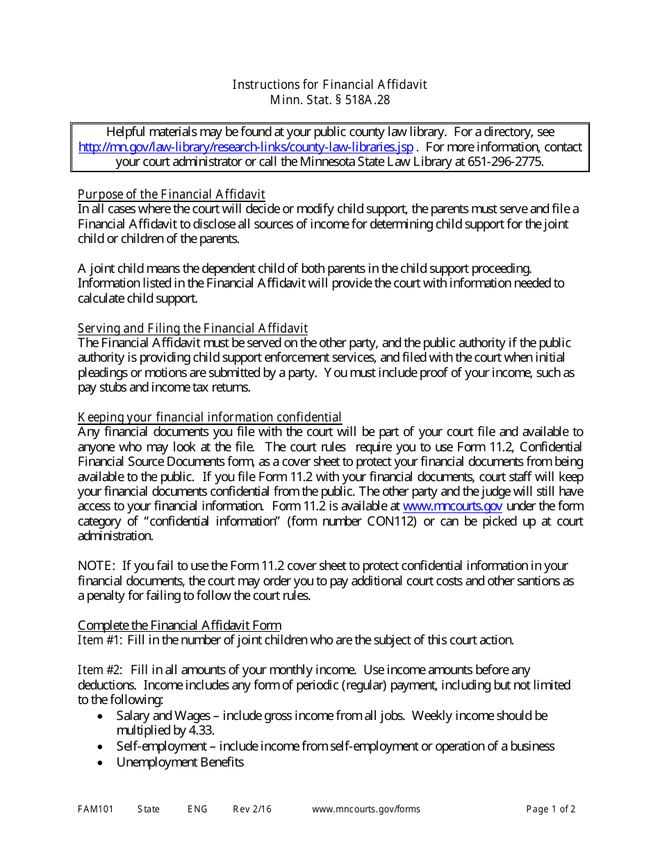 Instructions for Form FAM102 Financial Affidavit for Child Support - Minnesota, Page 1