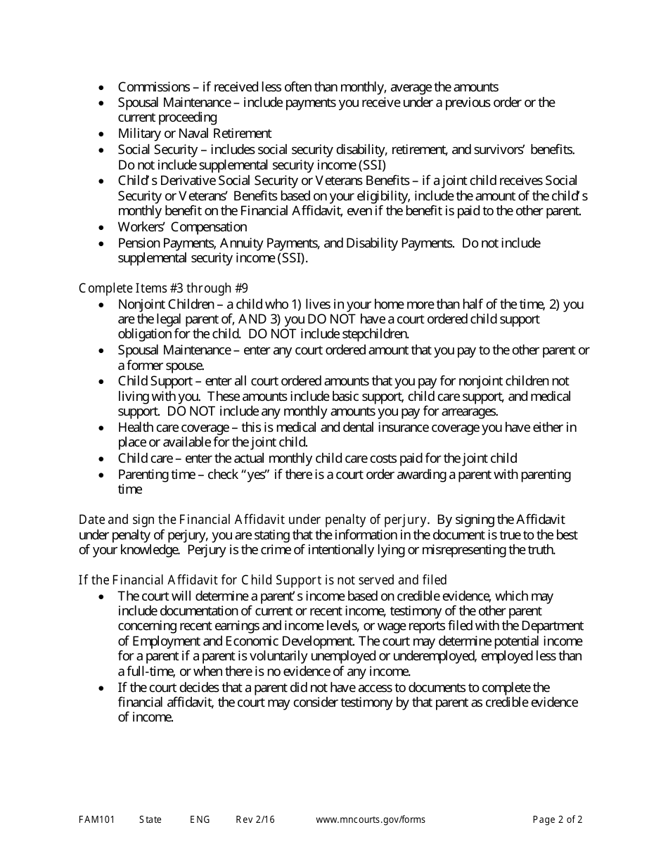 Instructions for Form FAM102 Financial Affidavit for Child Support - Minnesota, Page 2
