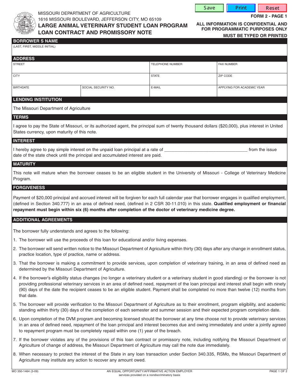 Form MO350-1464 Large Animal Veterinary Student Loan Contract and Promissory Note - Missouri, Page 1