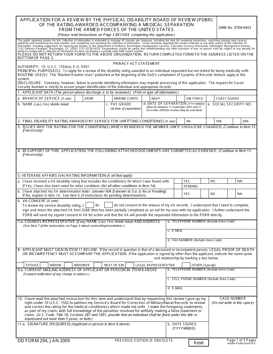 DD Form 294 Application for a Review by the Physical Disability Board of Review (Pdbr) of the Rating Awarded Accompanying a Medical Separation, Page 1