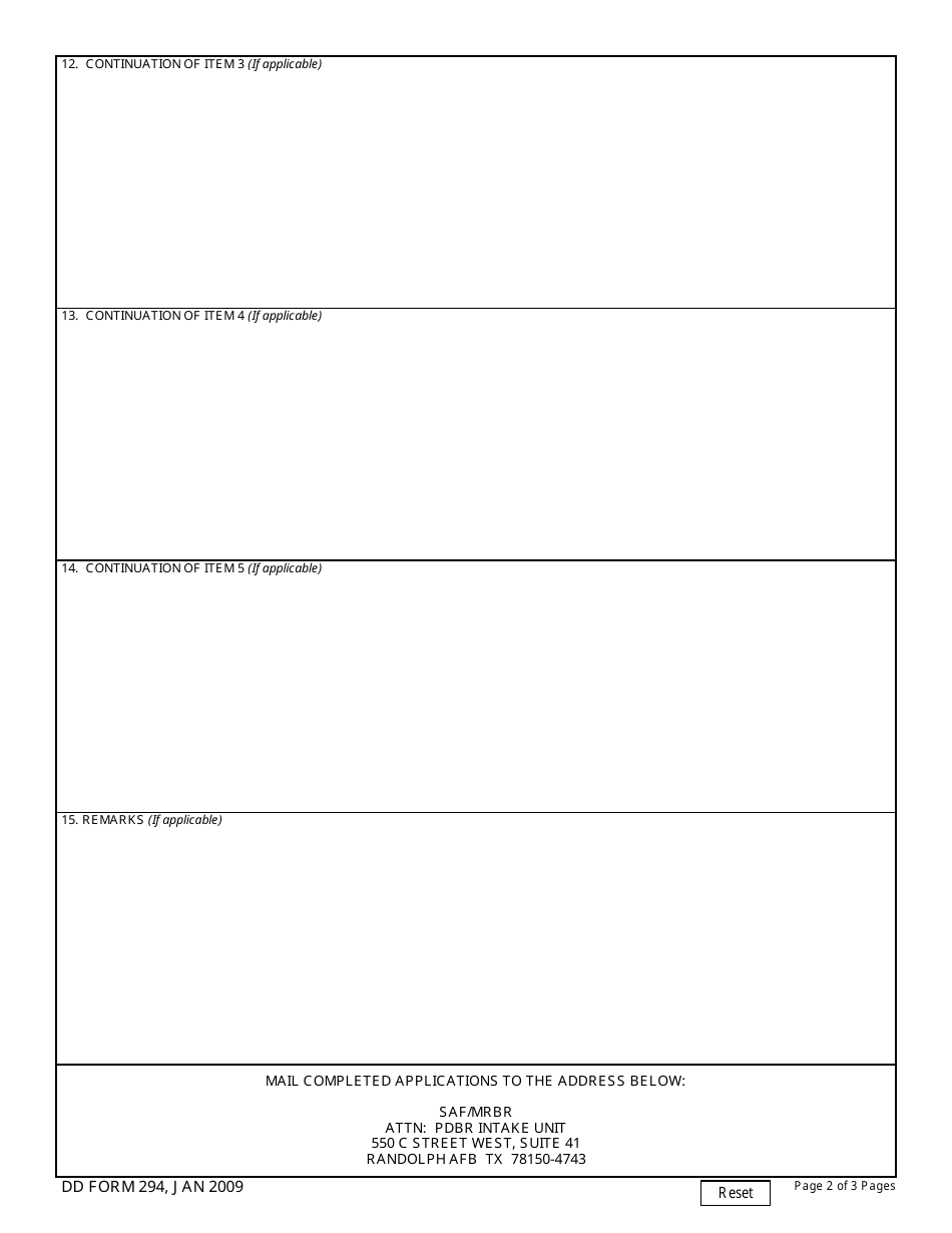 DD Form 294 Application for a Review by the Physical Disability Board of Review (Pdbr) of the Rating Awarded Accompanying a Medical Separation, Page 2