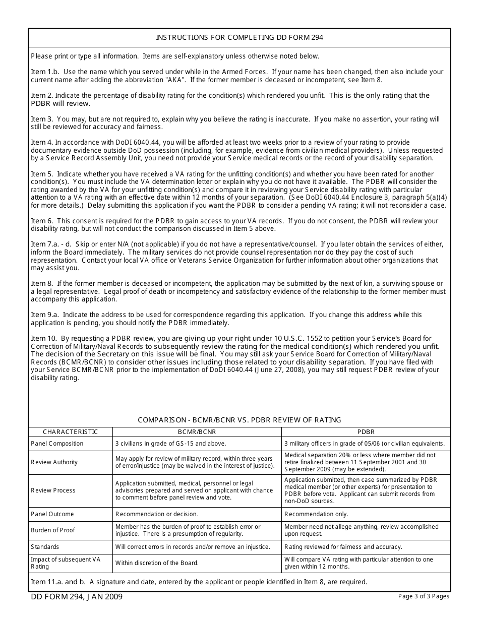 DD Form 294 Application for a Review by the Physical Disability Board of Review (Pdbr) of the Rating Awarded Accompanying a Medical Separation, Page 3