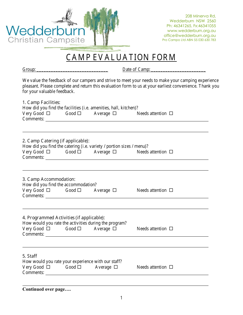 Camp Evaluation Form - Wedderburn Christian Campsite, Page 1