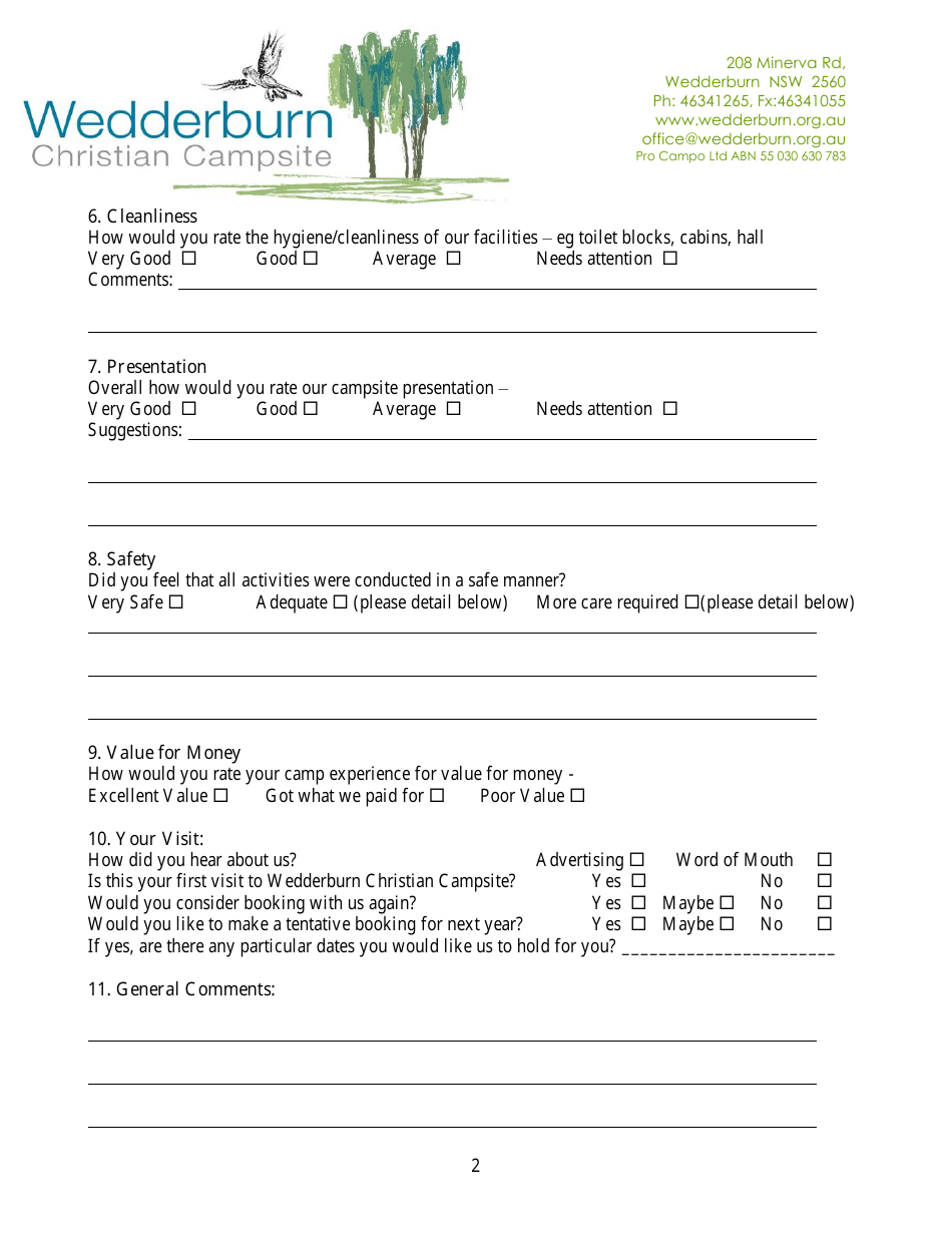 Camp Evaluation Form - Wedderburn Christian Campsite - Fill Out, Sign ...