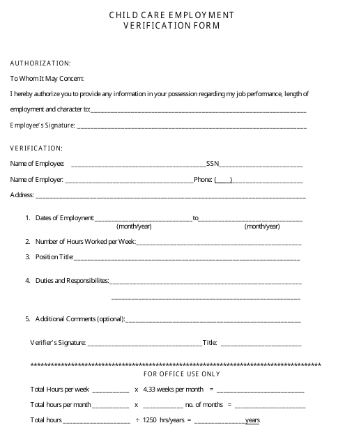 Child Care Employment Verification Form - Pennsylvania