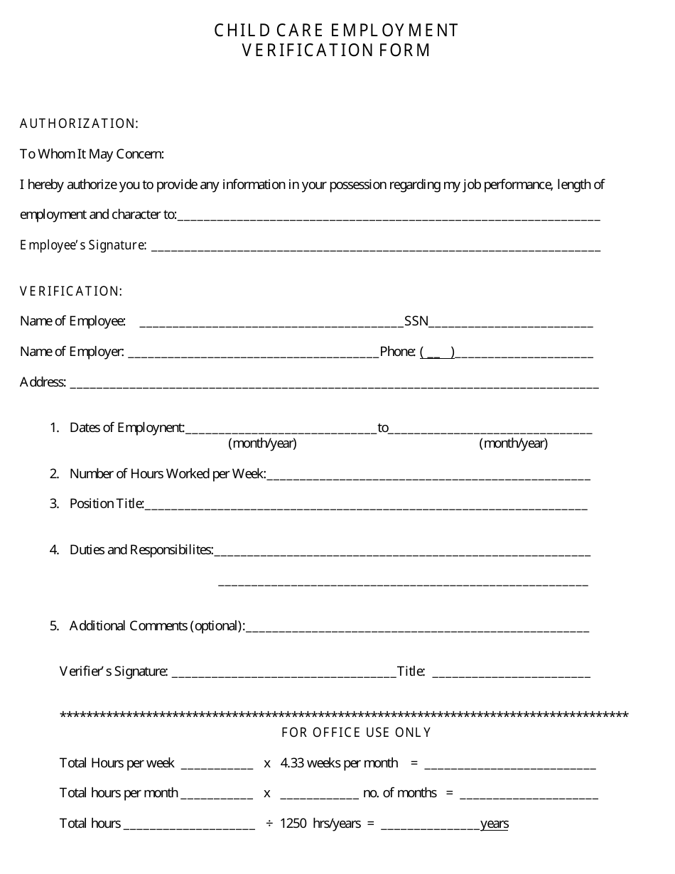 Child Care Employment Verification Form - Pennsylvania, Page 1