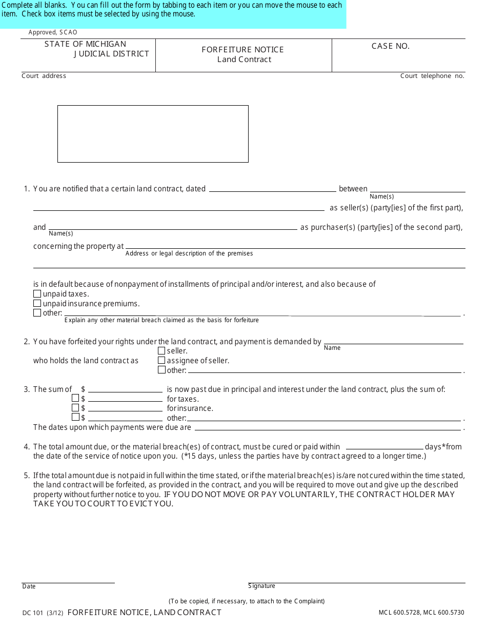 Form DC101 Forfeiture Notice Land Contract Form - Michigan, Page 2