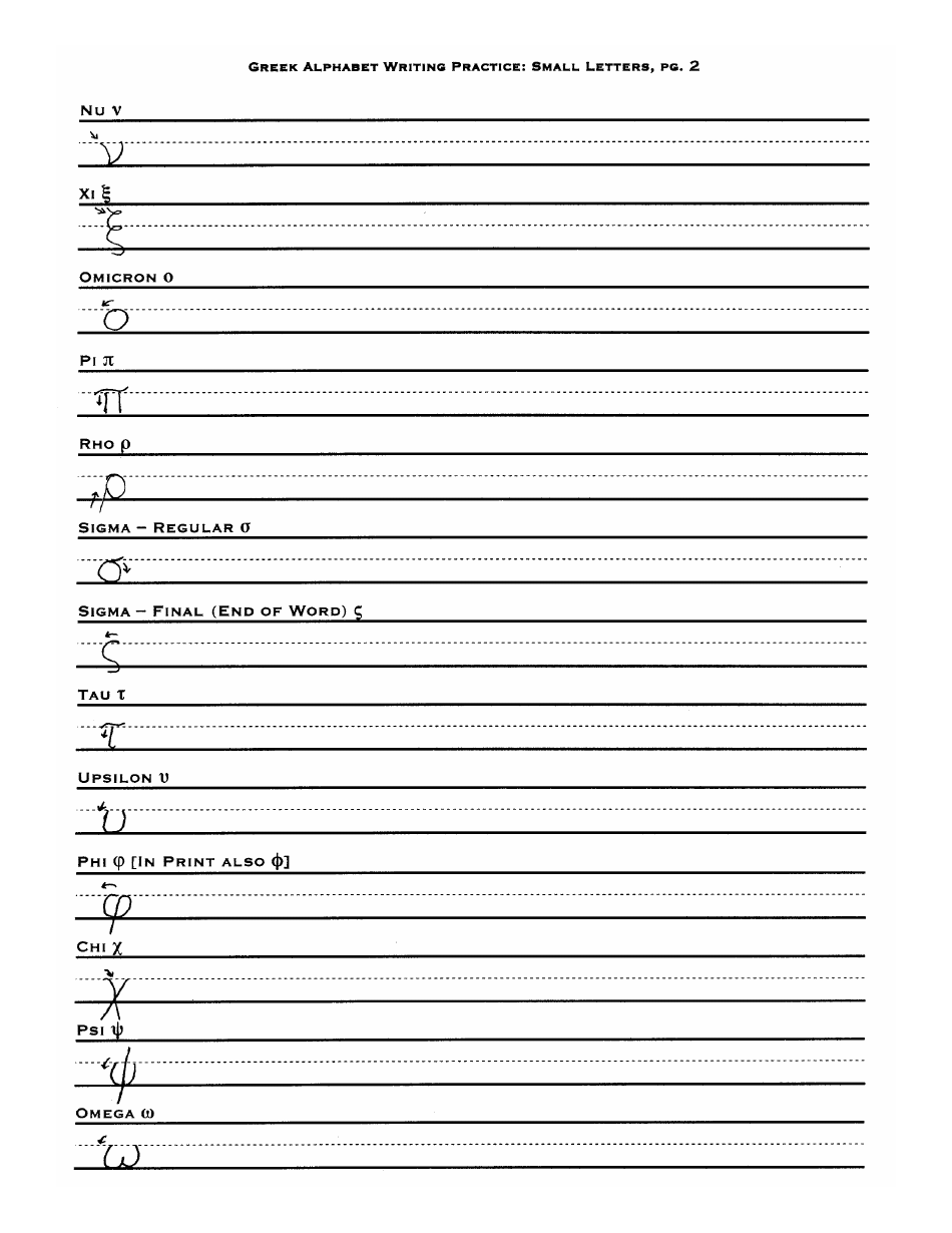 Greek Alphabet Writing Practice Sheet With Sample Letters, Page 2