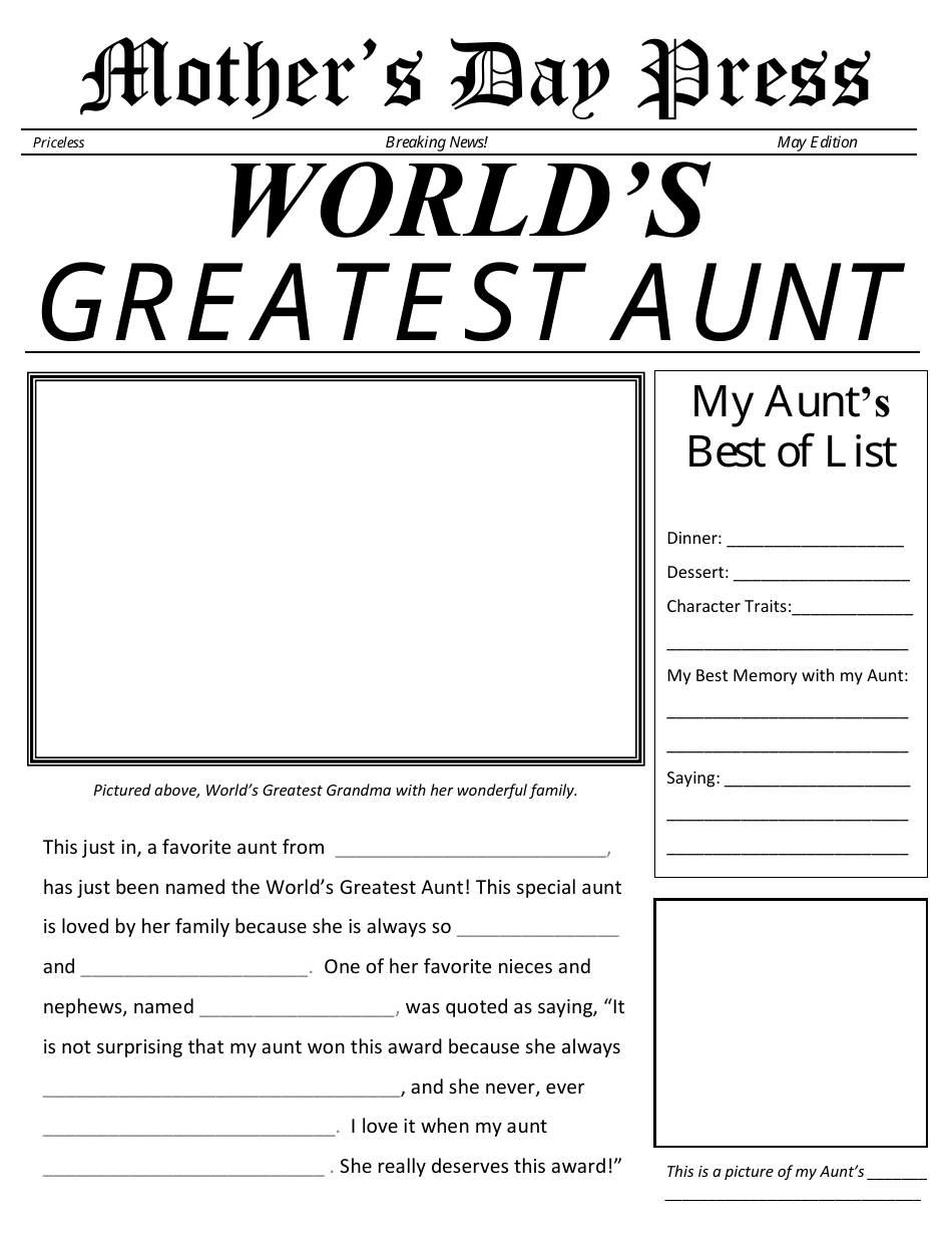 World's Greatest Aunt Newspaper Template - Be the Best Aunt