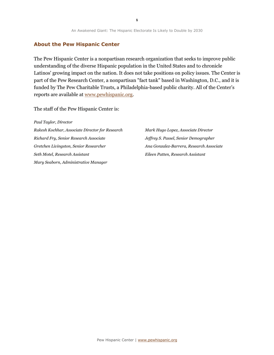 An Awakened Giant: the Hispanic Electorate Is Likely to Double by 2030 - Paul Taylor, Ana Gonzalez-Barrera, Jeffrey S. Passel and Mark Hugo Lopez, Pew Research Center, Page 2