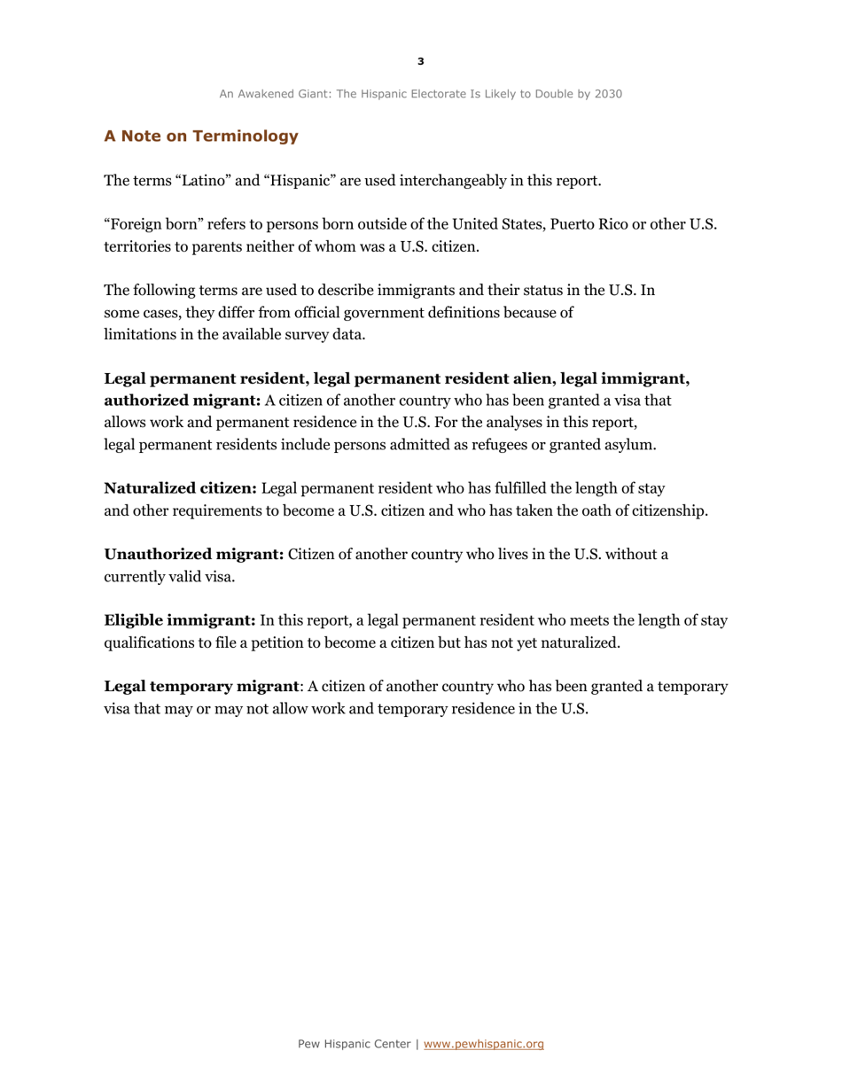 An Awakened Giant: the Hispanic Electorate Is Likely to Double by 2030 - Paul Taylor, Ana Gonzalez-Barrera, Jeffrey S. Passel and Mark Hugo Lopez, Pew Research Center, Page 4