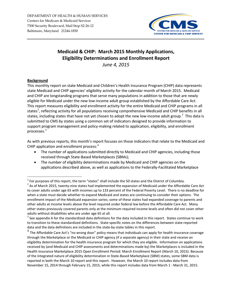 Medicaid  Chip: March 2015 Monthly Applications, Eligibility Determinations and Enrollment Report, Page 1