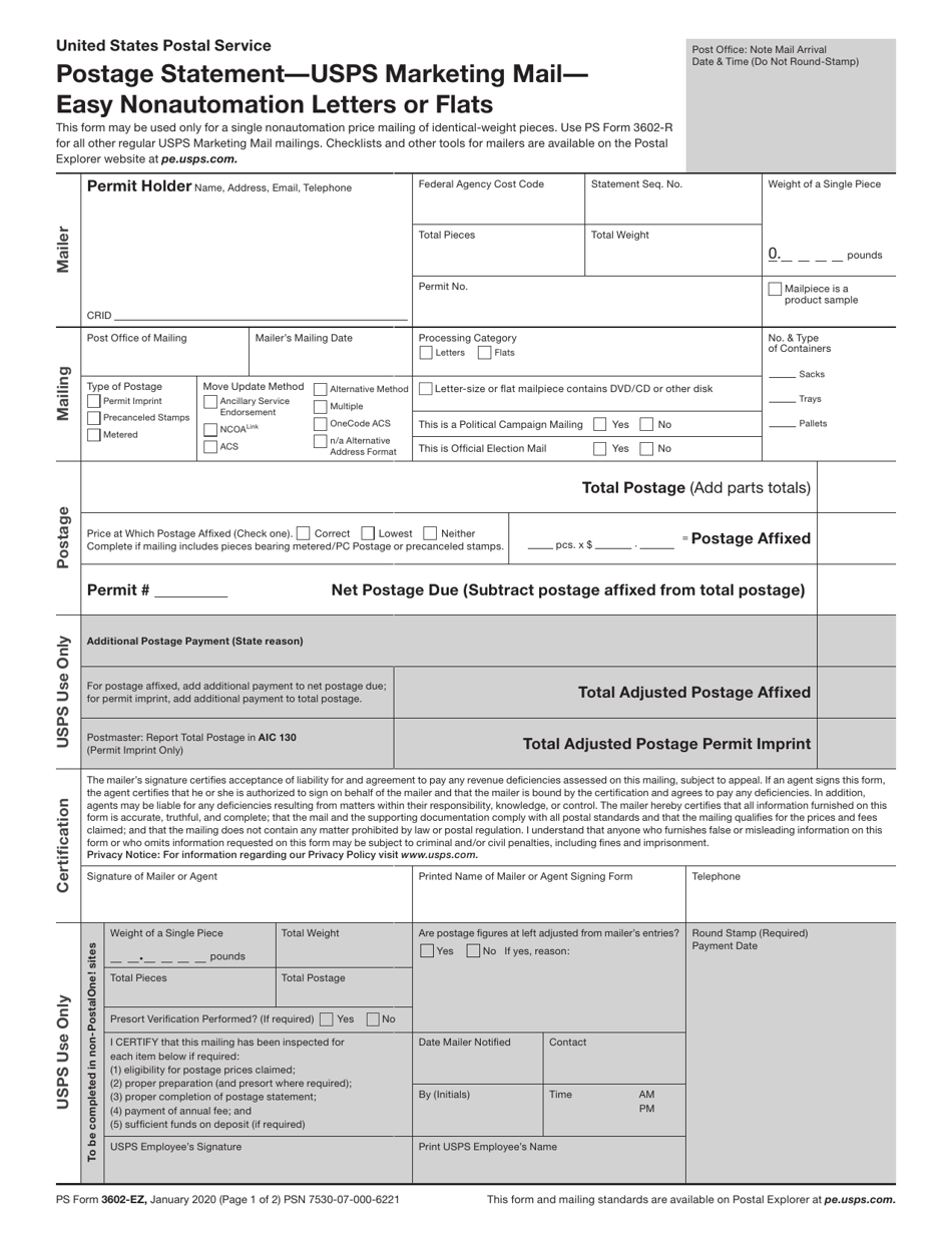 PS Form 3602-EZ Postage Statement - USPS Marketing Mail - Easy Nonautomation Letters, Cards, or Flats, Page 1