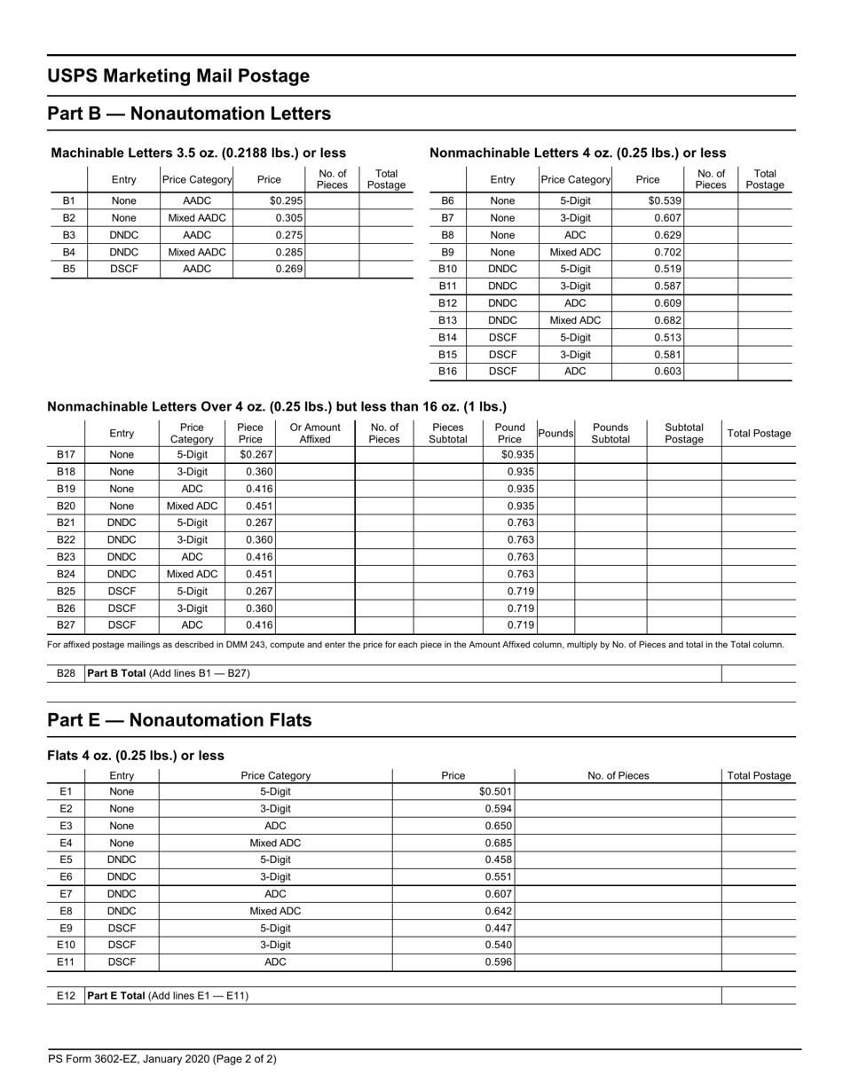 PS Form 3602-EZ Postage Statement - USPS Marketing Mail - Easy Nonautomation Letters, Cards, or Flats, Page 2