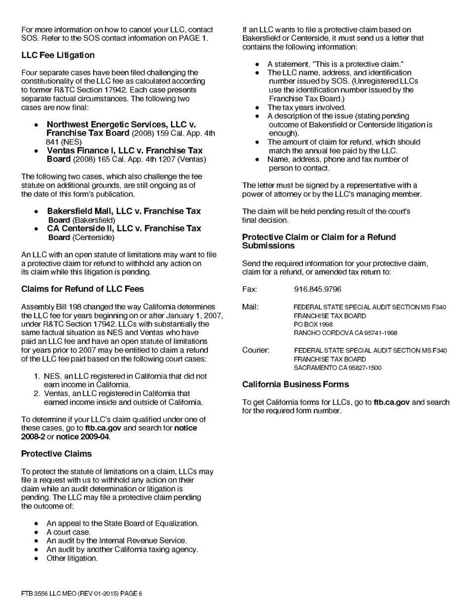 Form FTB3556 LCC MEO Limited Liability Company Filing Information - California, Page 6