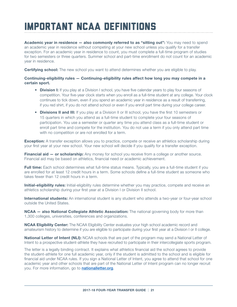 2017-18 Guide for Four-Year Transfers for Student-Athletes at Four-Year Colleges - Ncaa, Page 21