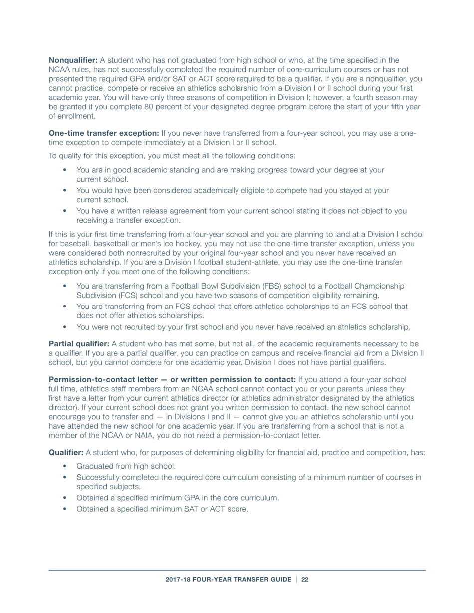 2017-18 Guide for Four-Year Transfers for Student-Athletes at Four-Year Colleges - Ncaa, Page 22