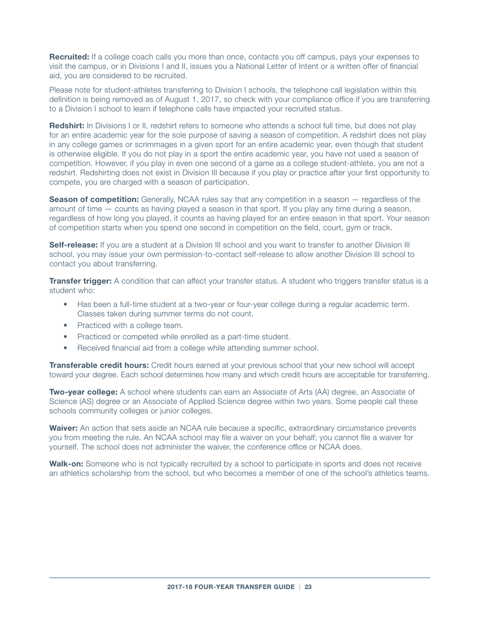 2017-18 Guide for Four-Year Transfers for Student-Athletes at Four-Year Colleges - Ncaa, Page 23