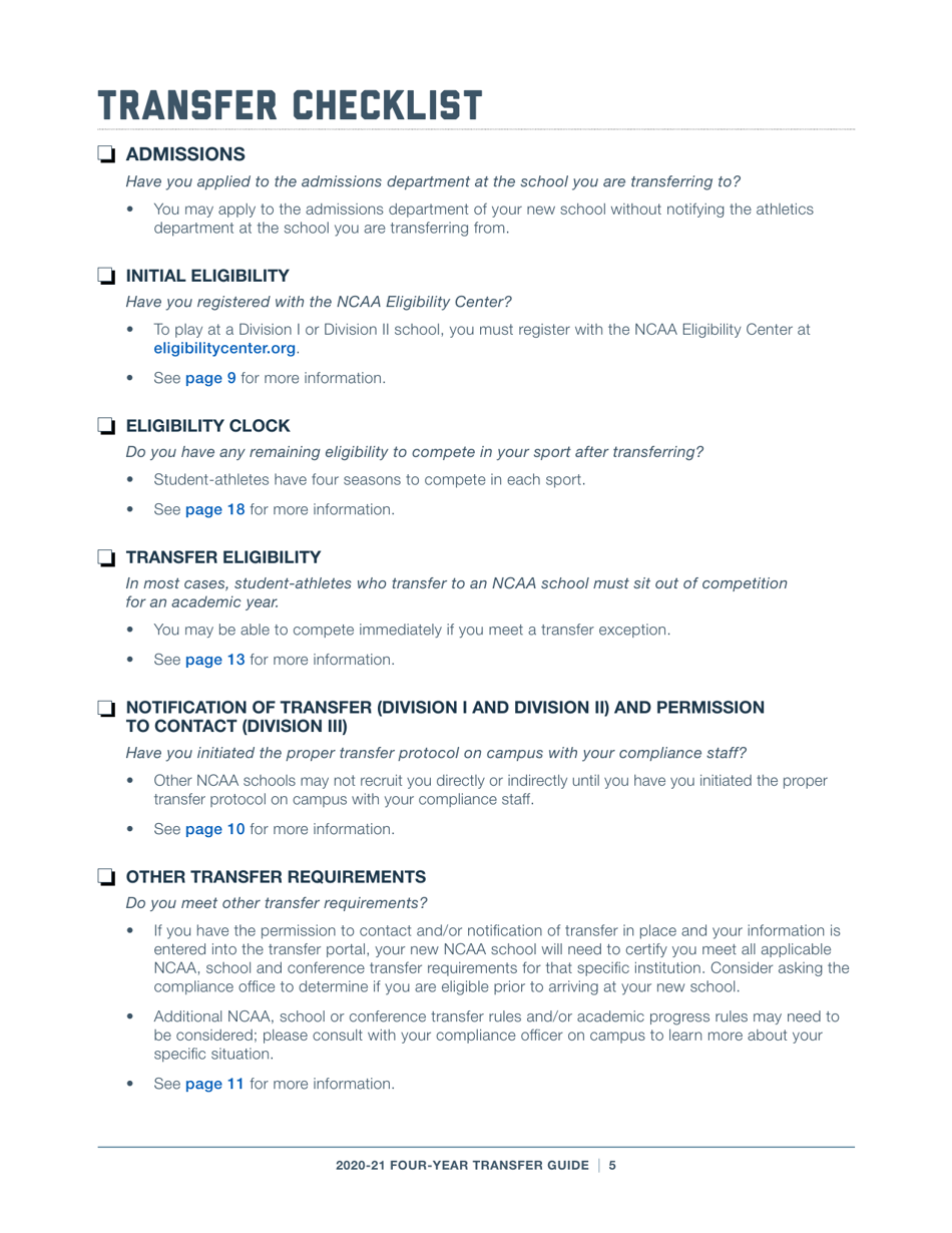 2020-21 Guide for Four-Year Transfers for Student-Athletes at Four-Year Colleges - Ncaa, Page 5