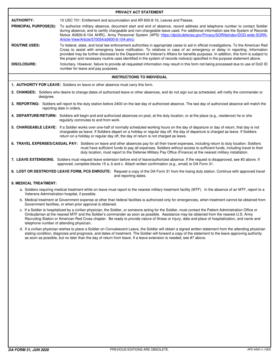 Instructions for DA Form 31 Request and Authority for Leave, Page 1