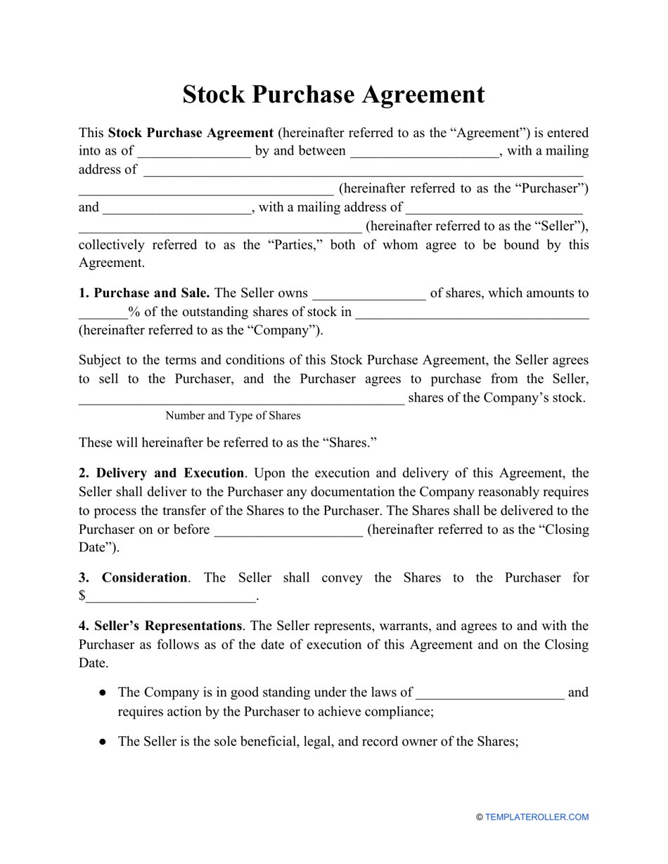 Stock Purchase Agreement Template, Page 1