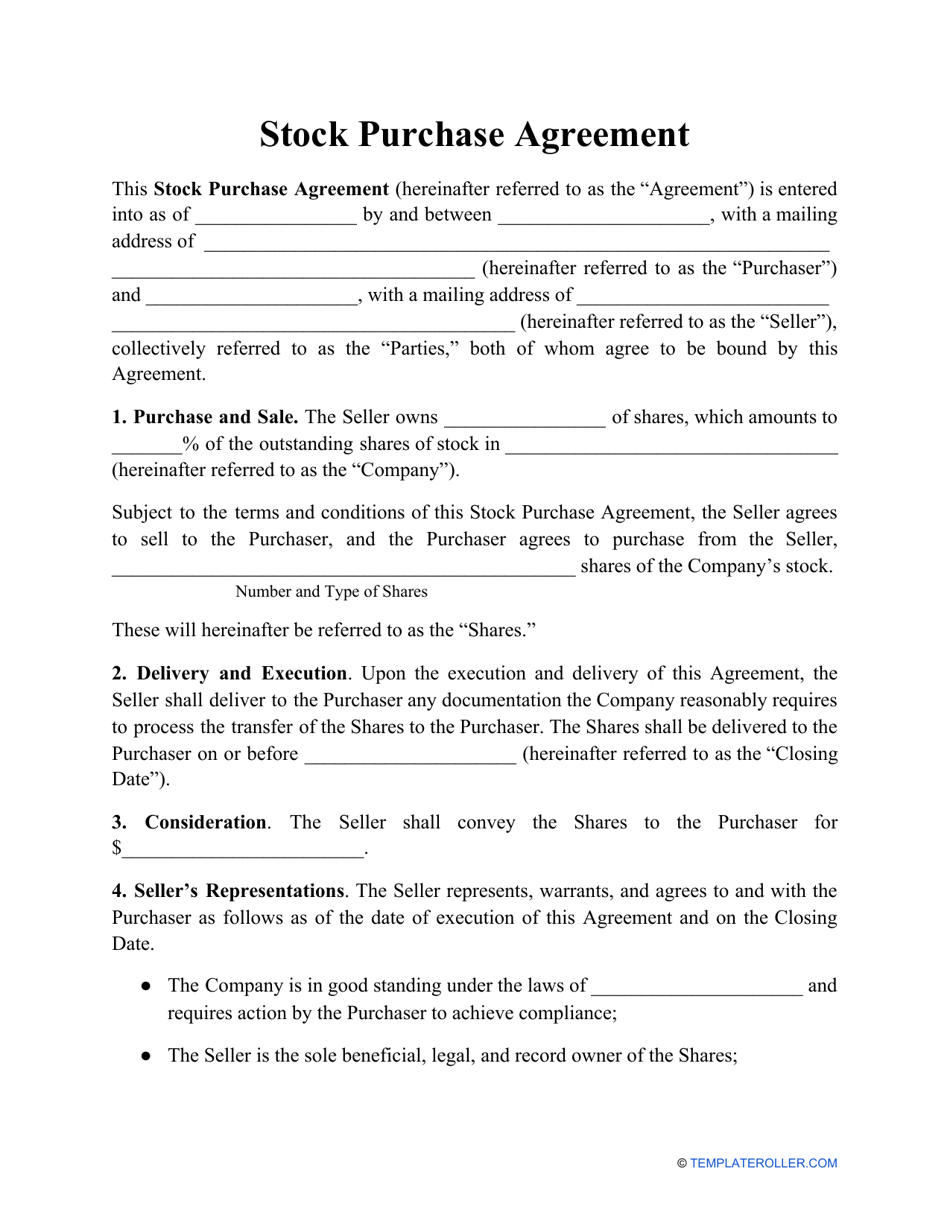 Stock Purchase Agreement Template Fill Out Sign Online and Download