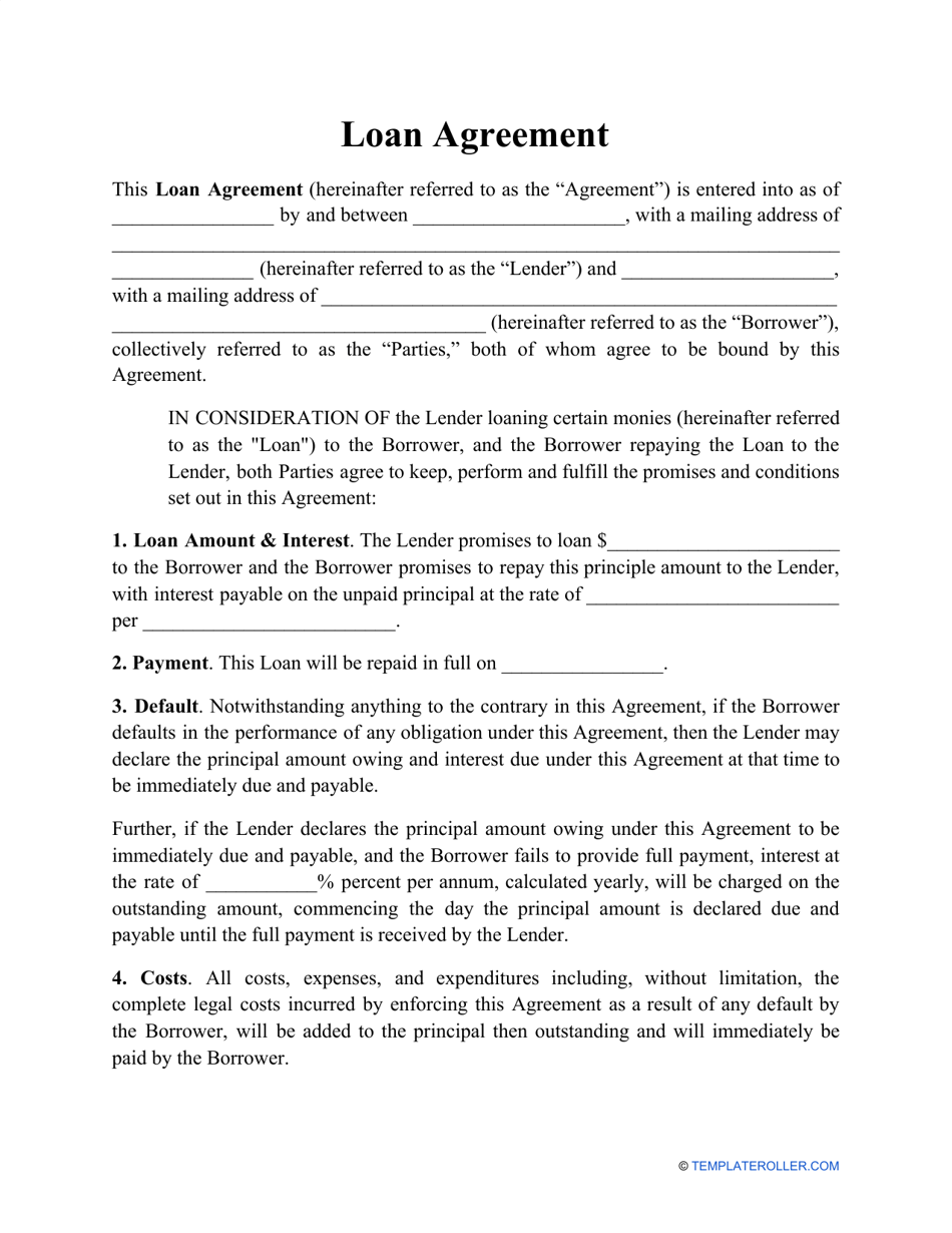 Loan Agreement Template Download Printable PDF | Templateroller