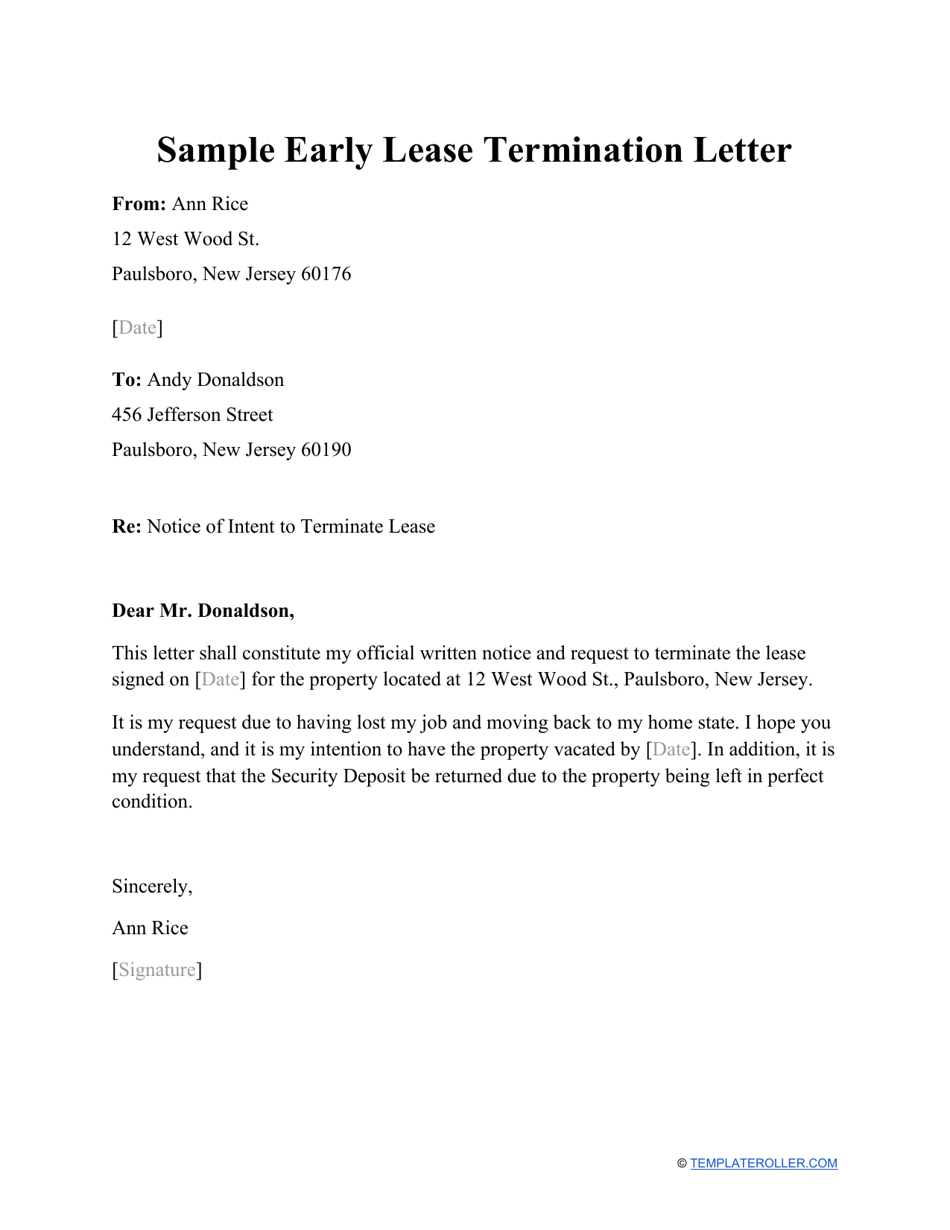 Sample Early Lease Termination Letter Download Printable PDF