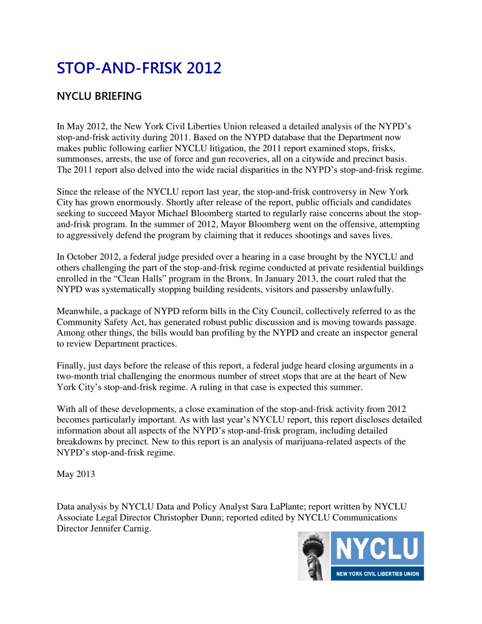 Stop-And-Frisk Report - New York Civil Liberties Union (Nyclu), Page 1