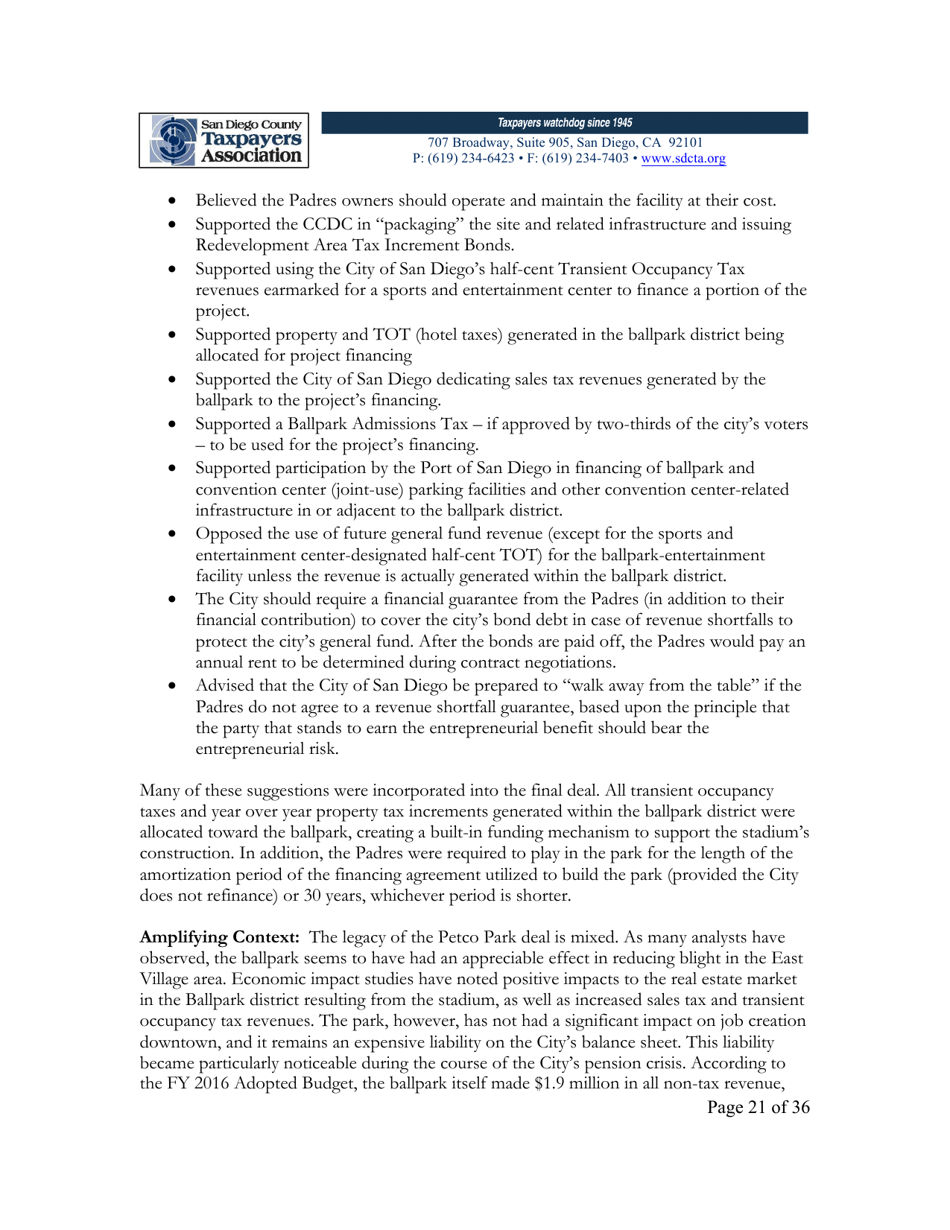 City of San Diego Proposition C: the Chargers San Diego Integrated Convention Center Expansion / Stadium and Tourism Initiative - San Diego County, California, Page 21