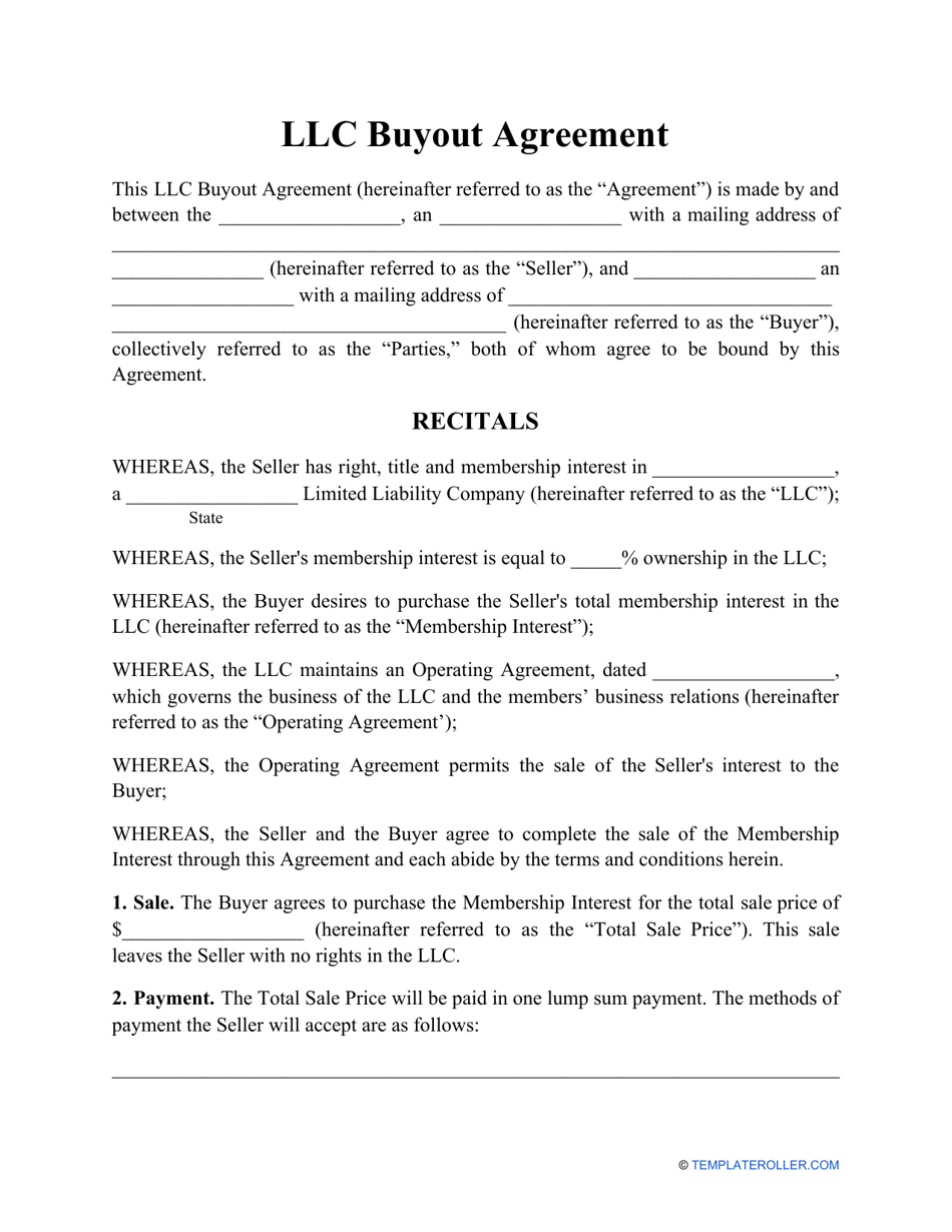 LLC Buyout Agreement Template Download Printable PDF  Templateroller Intended For Sale Of Business Contract Template Free