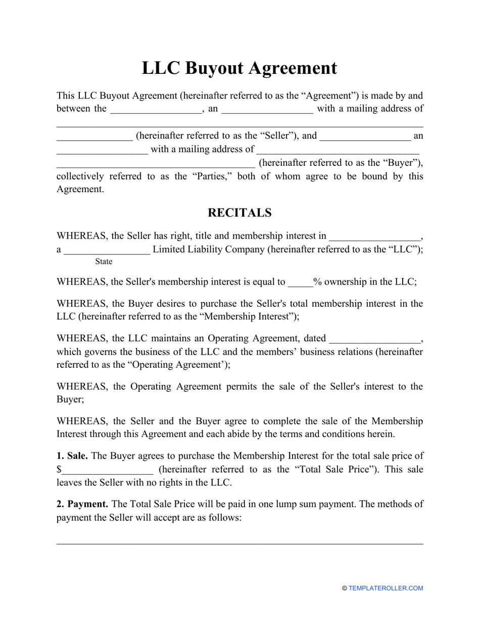 LLC Buyout Agreement Template Fill Out, Sign Online and Download PDF