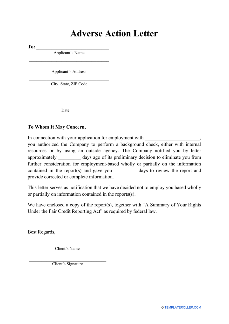 Adverse Action Letter Template Download Printable PDF | Templateroller