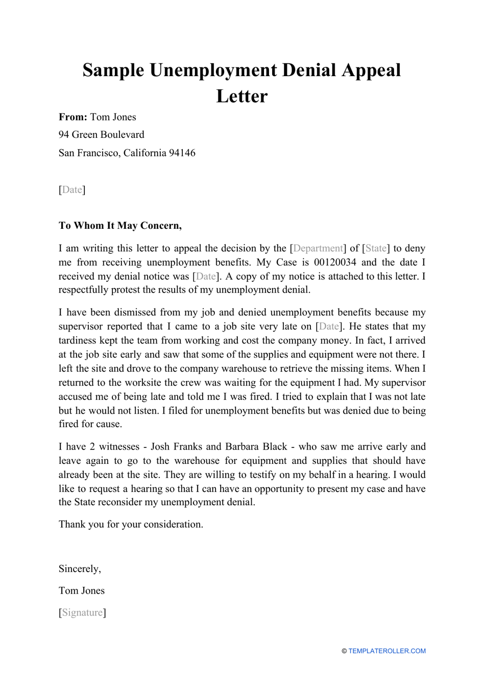 Sample Unemployment Denial Appeal Letter, Page 1