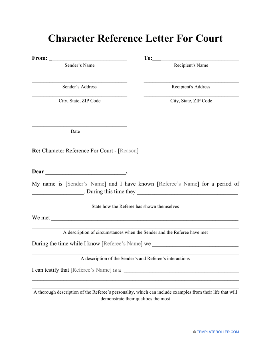 Character Reference Letter For Court Template Download Printable PDF 