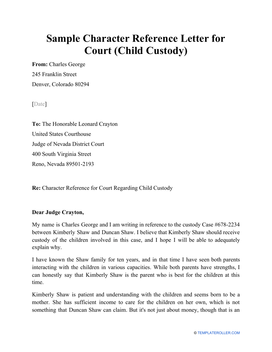 Sample Character Reference Letter For Court Child Custody Download 