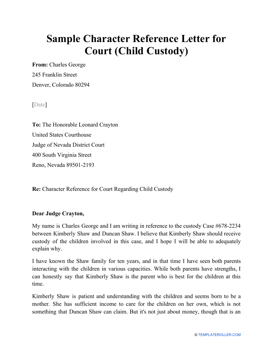 Sample Character Reference Letter for Court (Child Custody With Regard To Letter To Judge Template