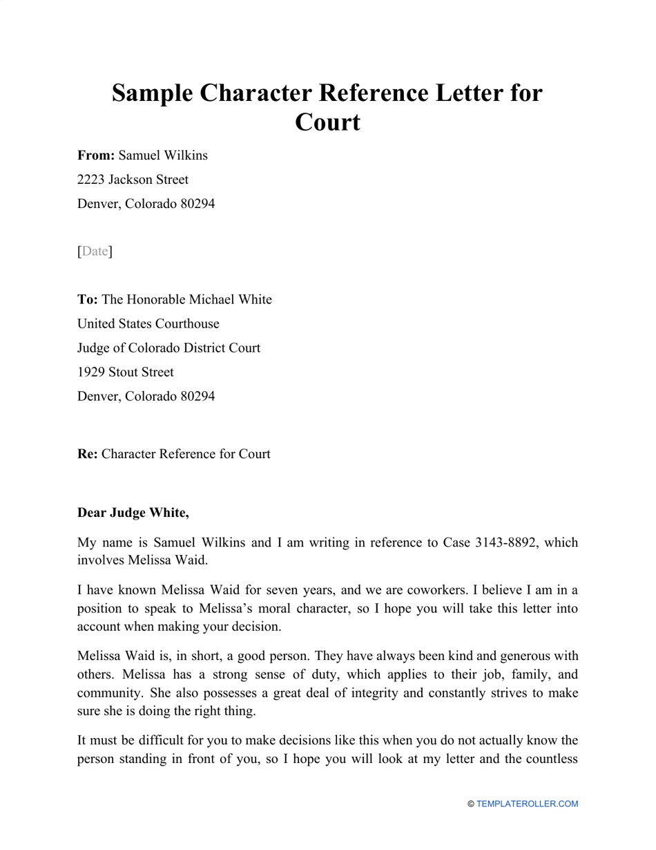 Character reference letter for court document