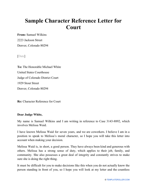 Sample &quot;Character Reference Letter for Court&quot; Download Pdf