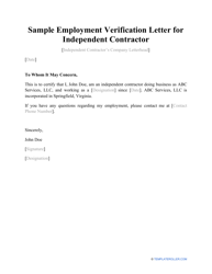 Sample &quot;Employment Verification Letter for Independent Contractor&quot;